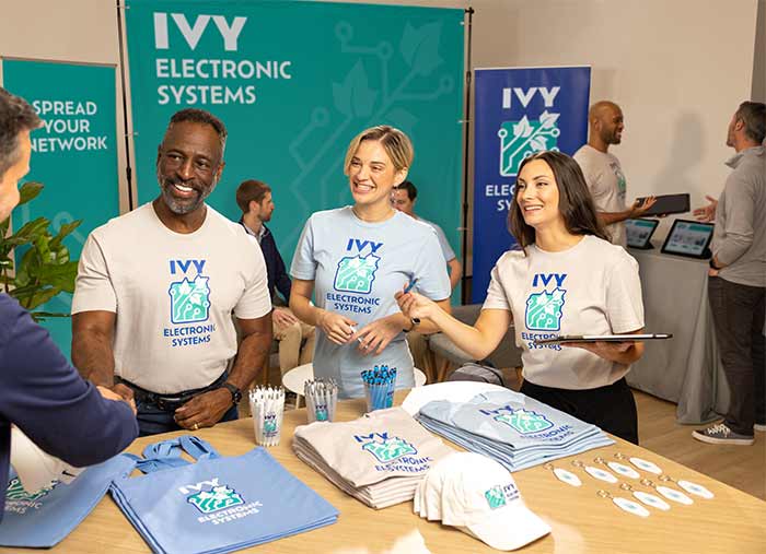 Three company team members shake hands with a client at a tradeshow while wearing custom t-shirts behind a booth with custom t-shirts, pens, and tote bags.